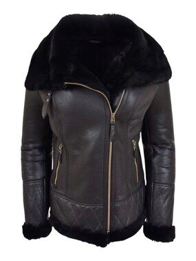 Shearling Aviator Jacket Womens Black 100% Sheepskin Leather B3 Bomber Coat XL